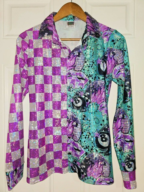 Custom rodeo shirt 5 sewn from Shatterglass holographic knit fabric