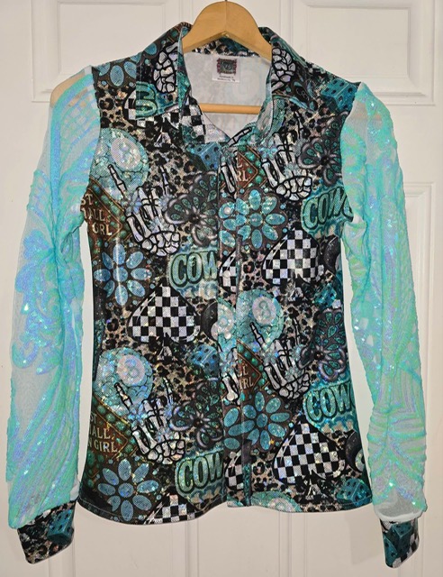 Custom rodeo shirt 3 sewn from Shatterglass holographic knit fabric