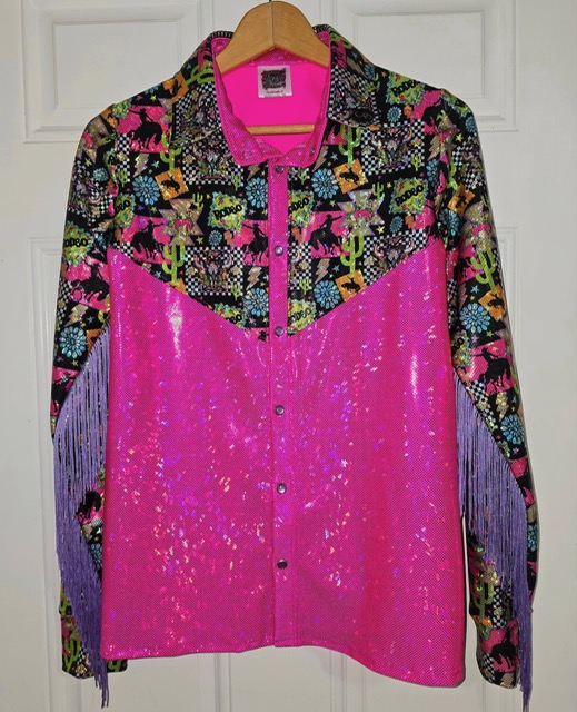 Custom rodeo shirt 6 sewn from Shatterglass holographic knit fabric