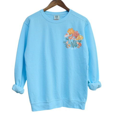 I Can Buy Myself Flowers (Pocket & Back Design), Blue Sweatshirt (Size Large), Graphic Shirts