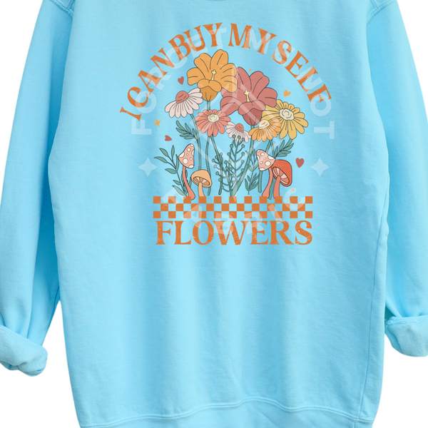 I Can Buy Myself Flowers (Pocket & Back Design), Blue Sweatshirt (Size Large), Graphic Shirts