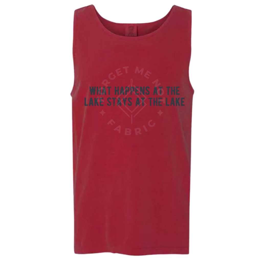 What Happens at the Lake, Stays at the Lake, Red Tank Top (Size Large), Graphic Shirts