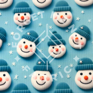 Snowman Tiffany Blue Faux Felt Embroidery, Super Soft Rib Knit Fabric