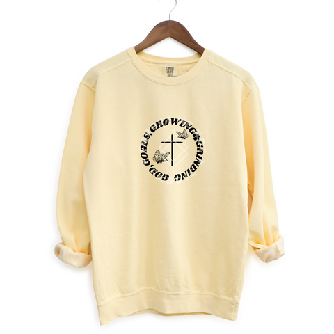 God, Goals, Growing, Grinding Yellow Sweatshirt (Size Medium), Graphic Shirts