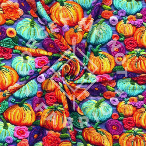 Bright Rainbow Pumpkin Embroidery, Bamboo Spandex Fabric