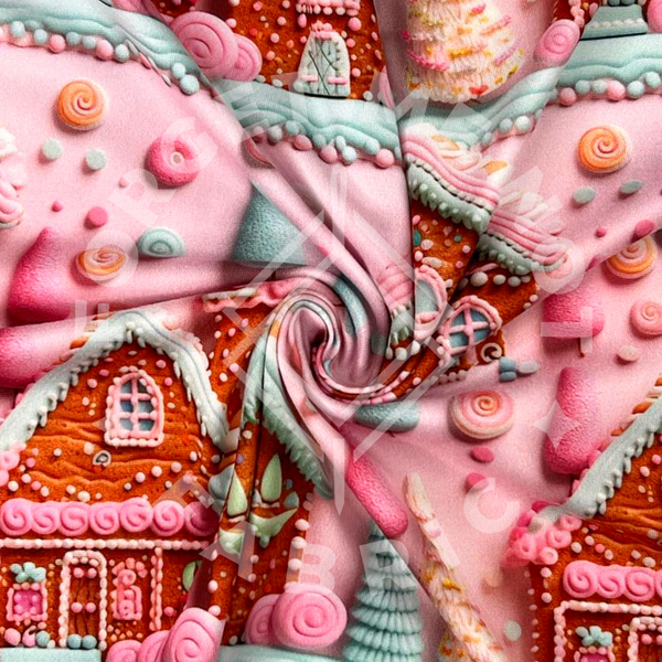 Pink Gingerbread Cookie House, Lightweight DBP Fabric