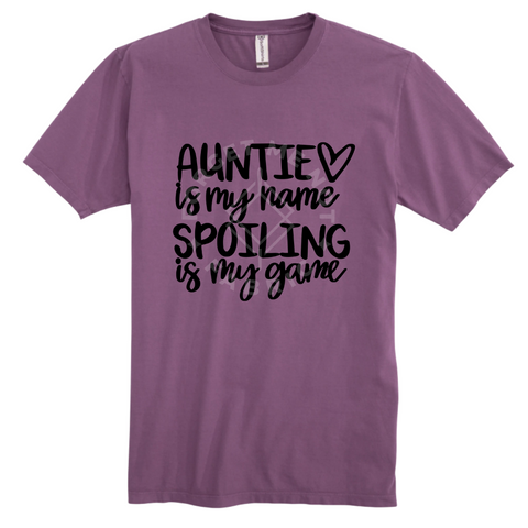 Auntie is My Name, Spoiling is My Game, Purple T-Shirt (Size Large), Graphic Shirts