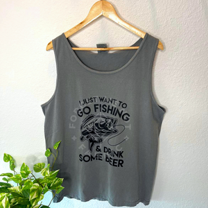 Want to Go Fishing & Drink Beer, Grey Tank Top (Size Large), Graphic Shirts