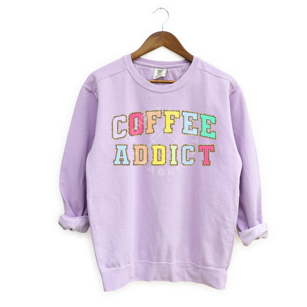 Coffee Addict, Purple Sweatshirt (Size Small), Graphic Shirts
