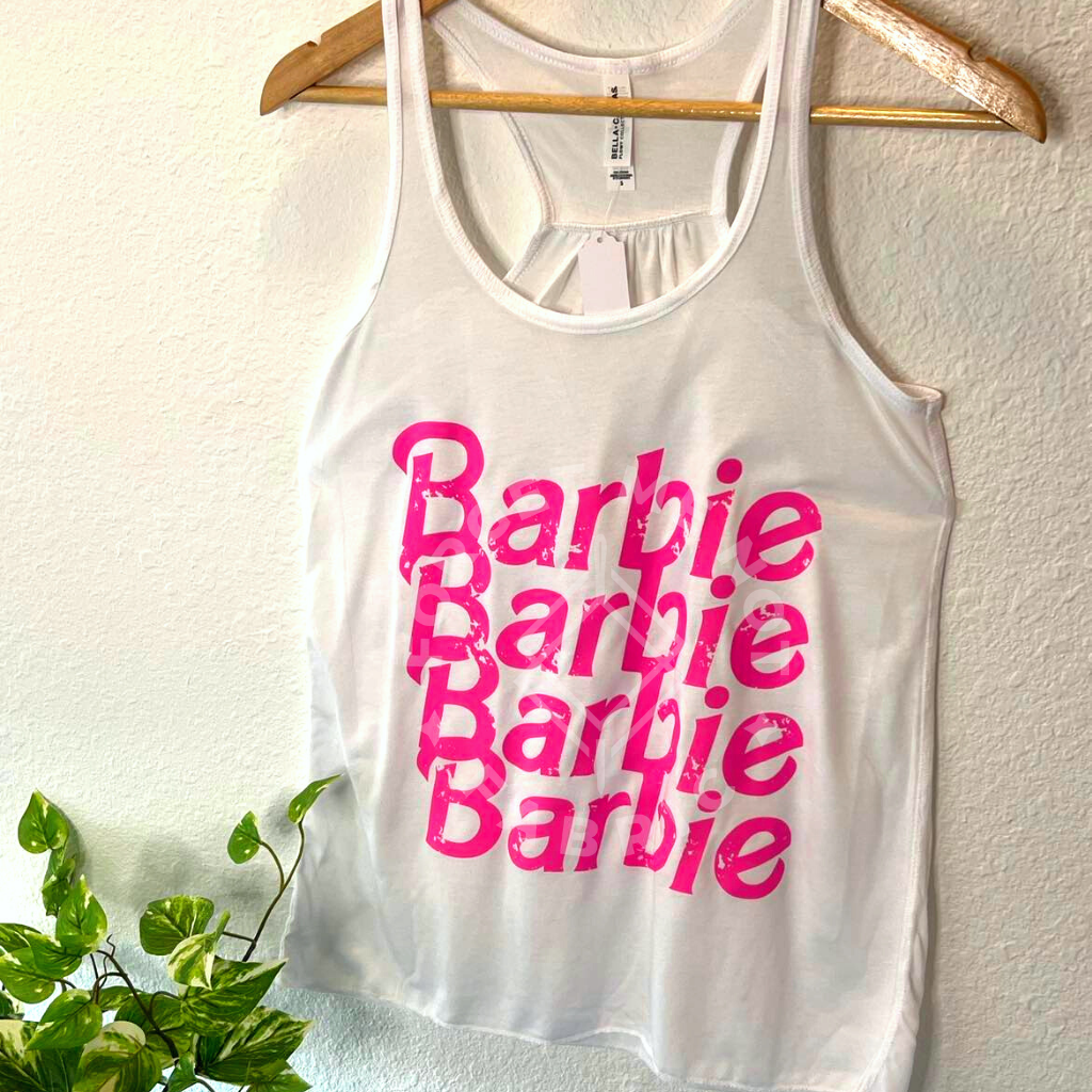 Pink Barbie, White Tank Top (Size Small), Graphic Shirts