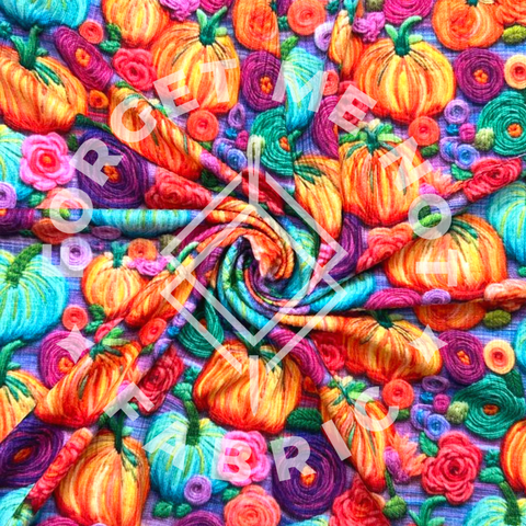 Bright Rainbow Pumpkins Embroidery, Lightweight 4x2 Rib Knit Fabric