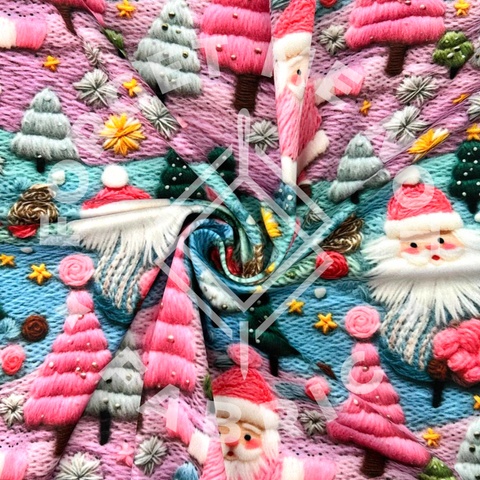 Cute Santa & Pink Christmas Tree, Mediumweight DBP Fabric