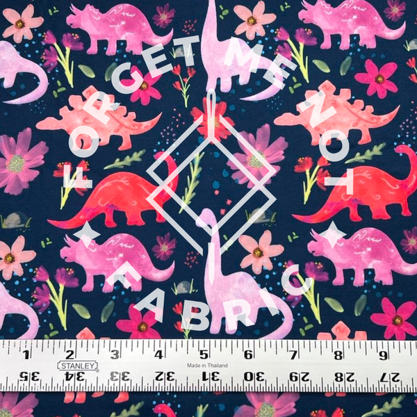 Pink Dino on Navy, DBP Butter Fabric