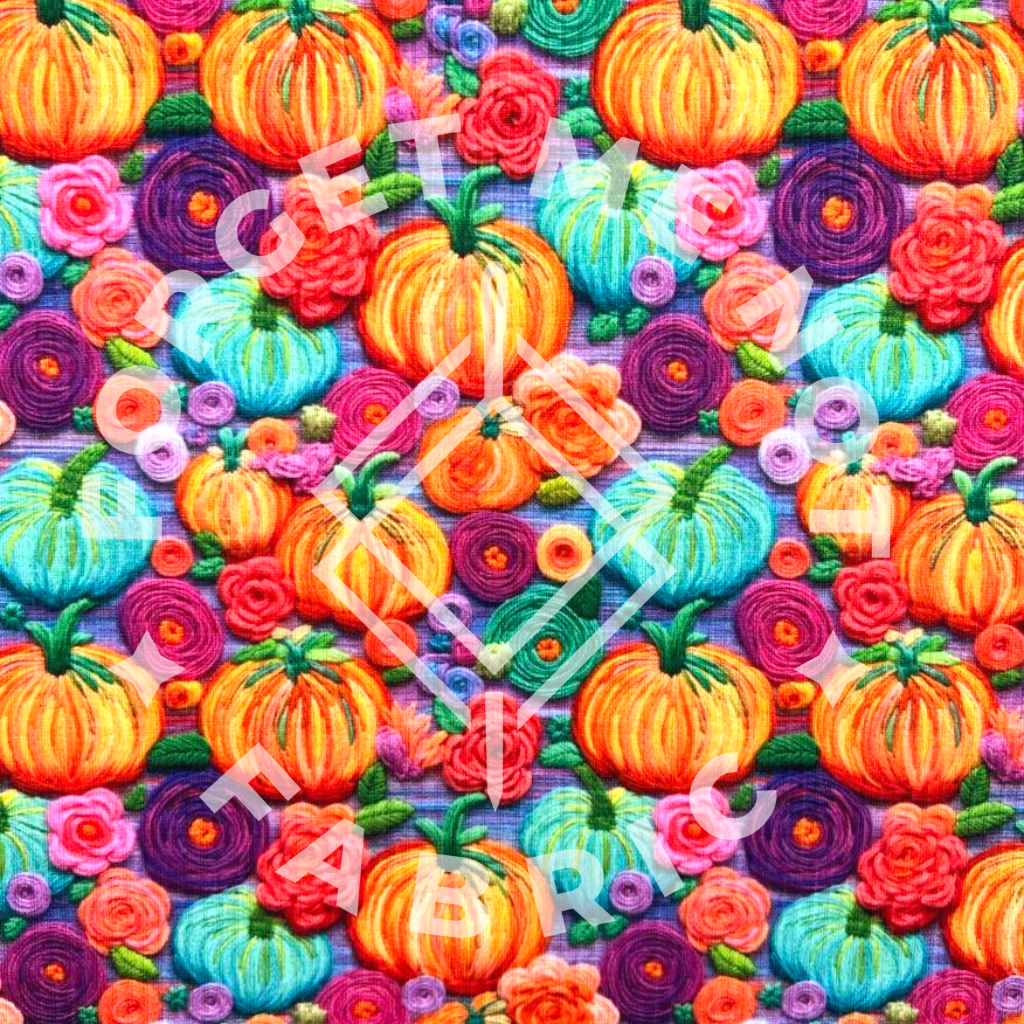 Bright Rainbow Pumpkins Embroidery, Super Soft Rib Knit Fabric