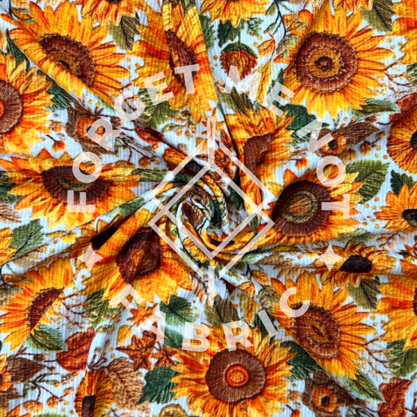 Sunflower Floral Embroidery, Lightweight 4x2 Rib Knit Fabric