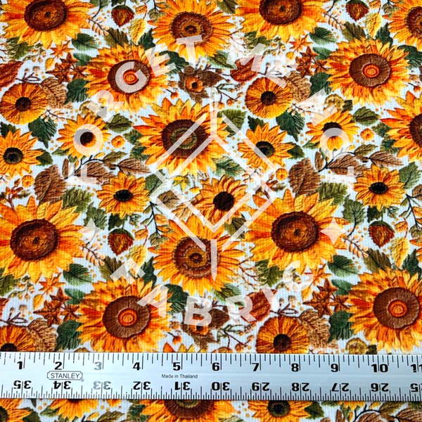 Sunflower Floral Embroidery, Lightweight 4x2 Rib Knit Fabric