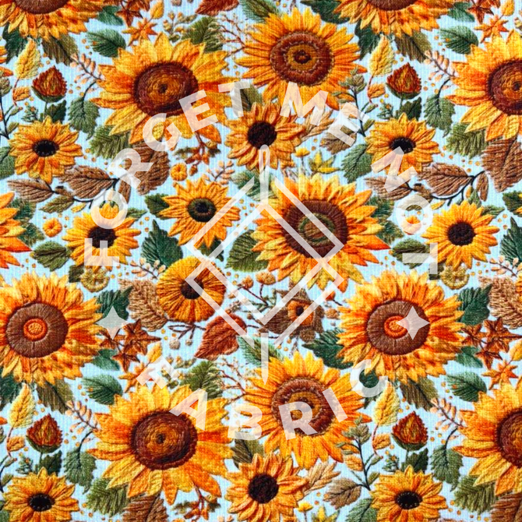 Sunflower Floral Embroidery, Lightweight 4x2 Rib Knit Fabric