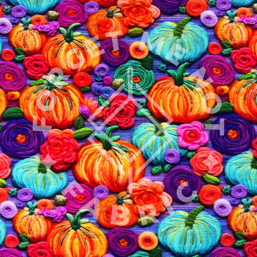 Bright Rainbow Pumpkin Embroidery, Bamboo Spandex Fabric