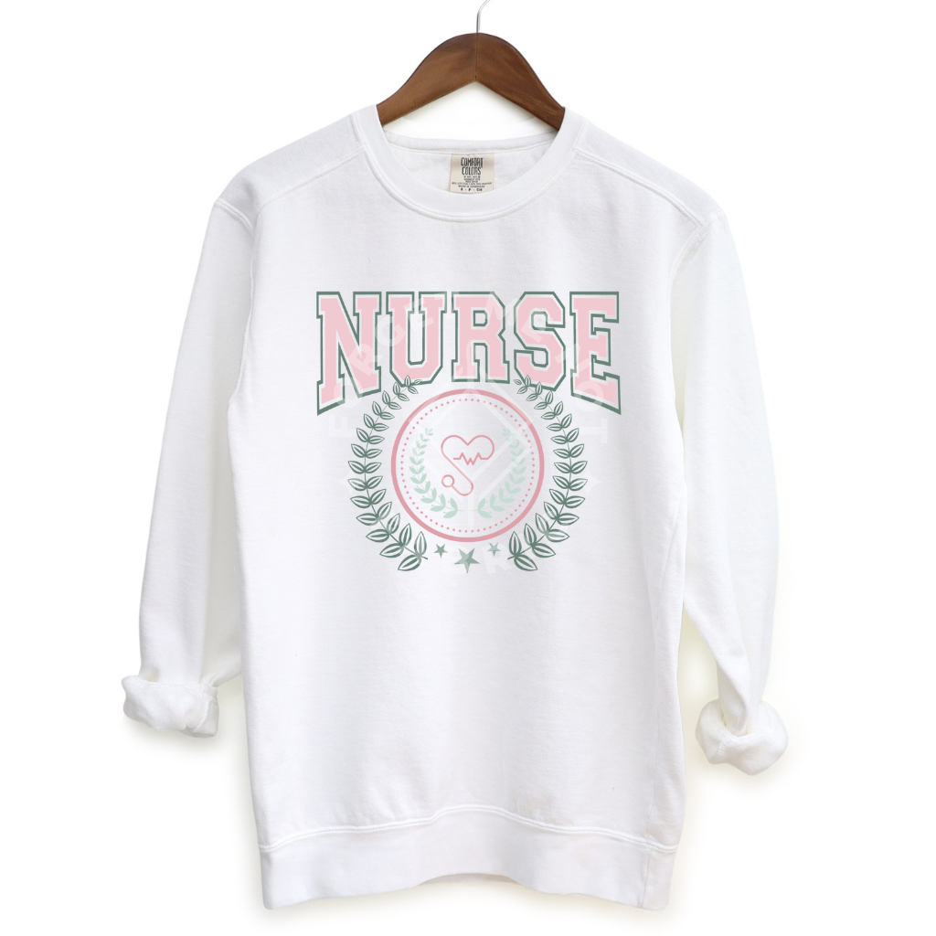 Nurse Varsity, White Sweatshirt (Size Small), Graphic Shirts