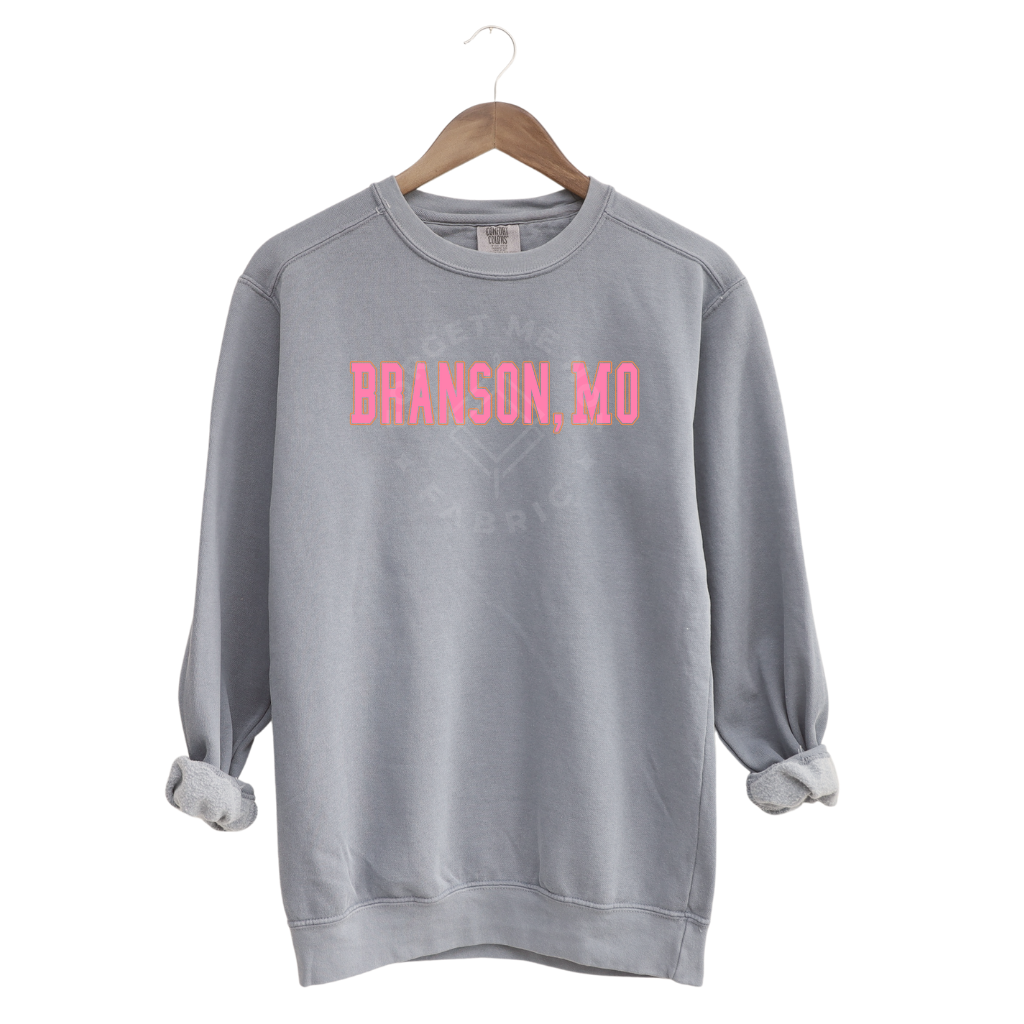 Branson, MO Pink Words, Grey Sweatshirt (Size Small), Graphic Shirts