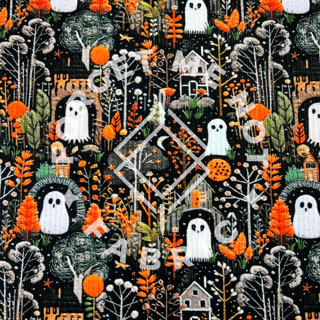 Spooky Ghost Houses Embroidery, Super Soft Rib Knit Fabric