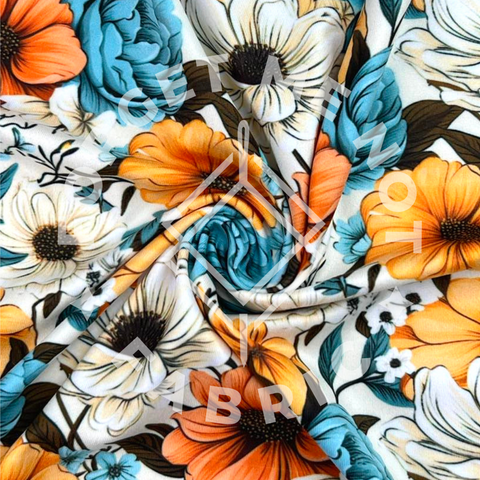 Teal Apricot Floral, Mediumweight DBP Fabric