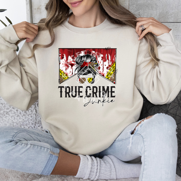True Crime Junkie, Cream Longsleeve Shirt (Size Large), Graphic Shirts