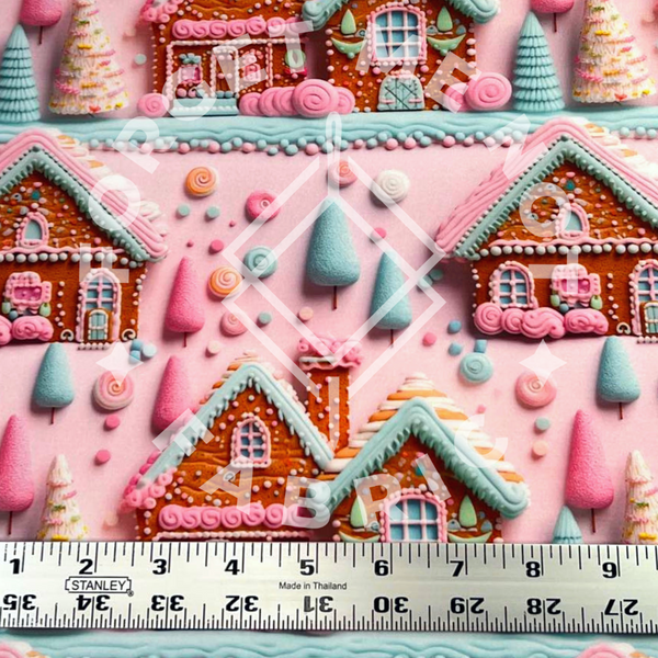 Pink Gingerbread Cookie House, Mediumweight DBP Fabric