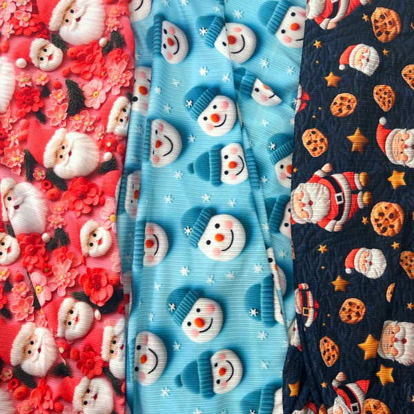 Snowman Tiffany Blue Faux Felt Embroidery, Lightweight 4x2 Rib Knit Fabric