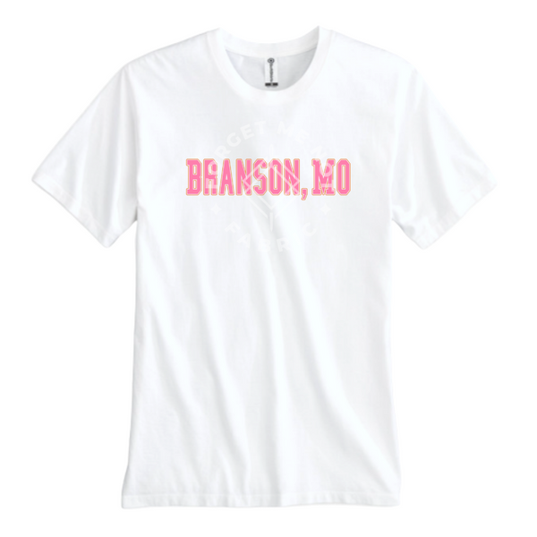 Branson, MO Pink Letters, White T-Shirt (Size Small), Graphic Shirts
