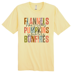 Flannels, Pumpkins & Bonfires, Yellow T-Shirt (Size Medium), Graphic Shirts