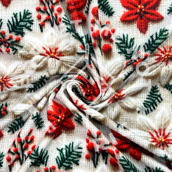 Poinsettia Embroidery, Lightweight 4x2 Rib Knit Fabric