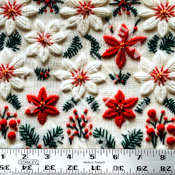 Poinsettia Embroidery, Lightweight 4x2 Rib Knit Fabric