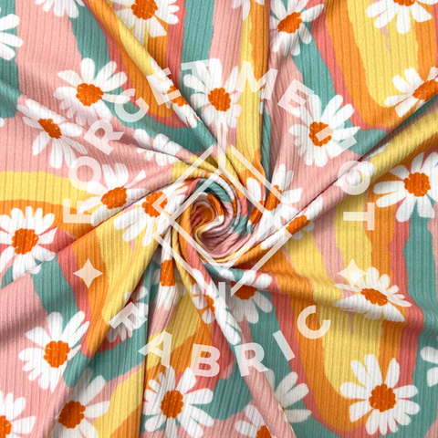 Brittany Frost Rainbow Daisies, Lightweight 4x2 Rib Knit Fabric