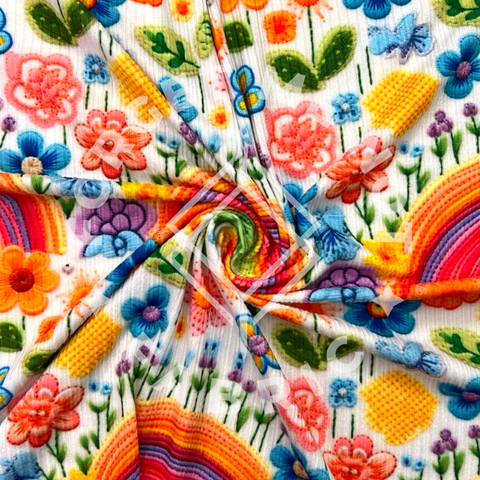 Rainbow Floral Embroidery, Lightweight 4x2 Rib Knit Fabric
