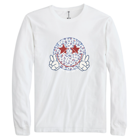 Leopard Smiley Peace Sign(Back & Front), White Longsleeve Shirt (Size Large), Graphic Shirts