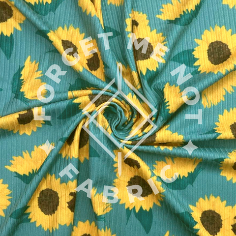 Watercolor Sunflower Teal, Lightweight 4x2 Rib Knit Fabric