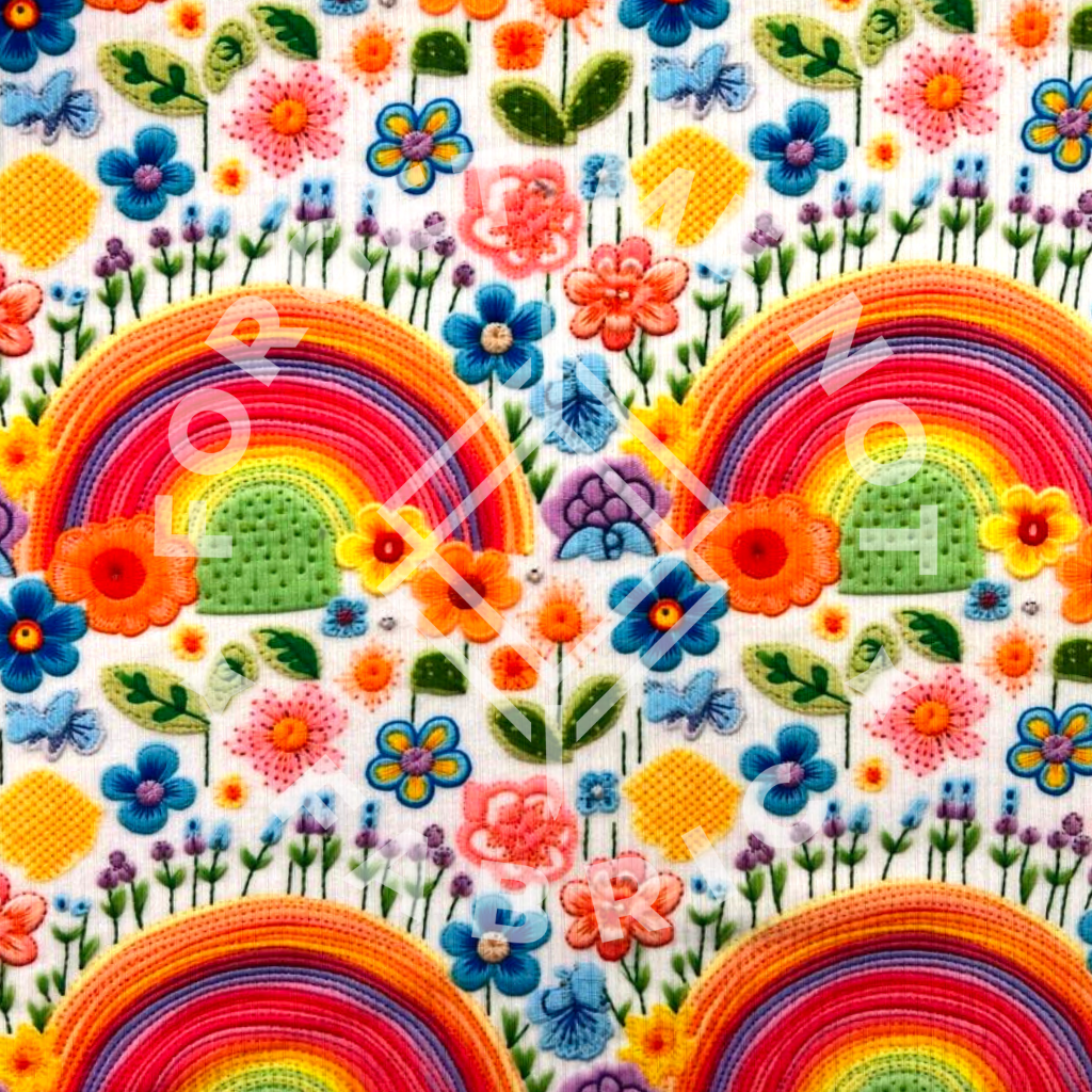 Rainbow Floral Embroidery, Lightweight 4x2 Rib Knit Fabric