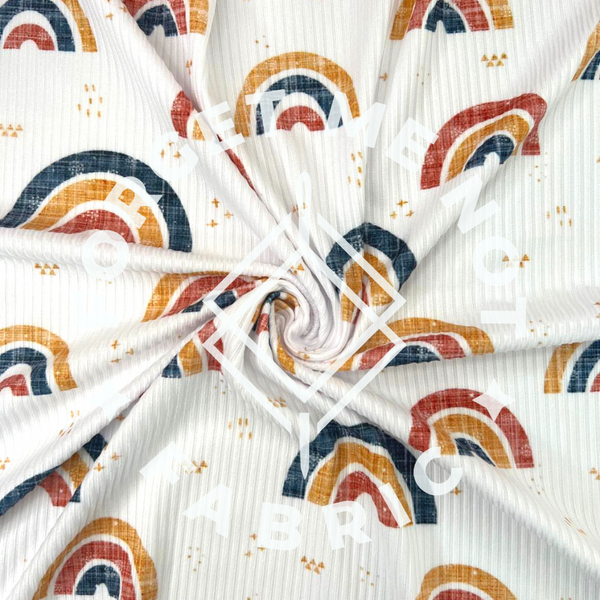 Vintage Boho Rainbows Fabric, Super Soft Rib Knit Fabric