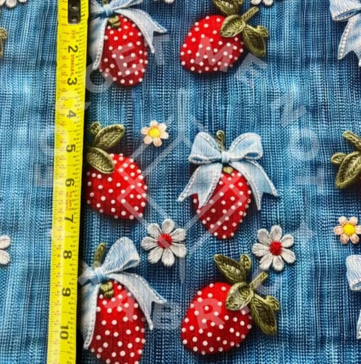 3D Strawberry Daisy on Denim Lightweight 4x2 Rib Knit Fabric