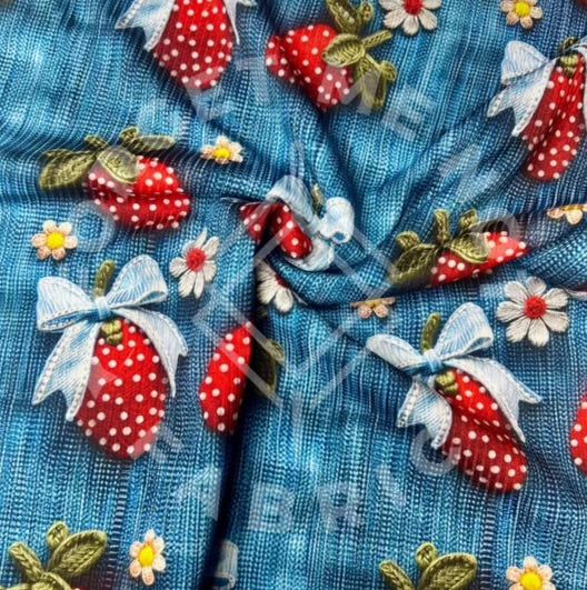 3D Strawberry Daisy on Denim Lightweight 4x2 Rib Knit Fabric