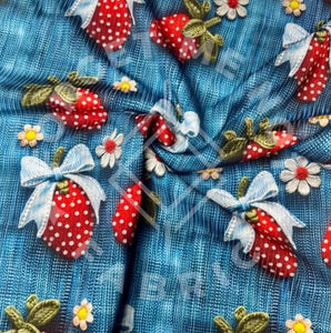 3D Strawberry Daisy on Denim Lightweight 4x2 Rib Knit Fabric