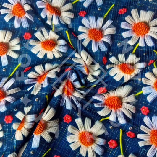 3D Neon Daisies on Denim Lightweight 4x2 Rib Knit Fabric