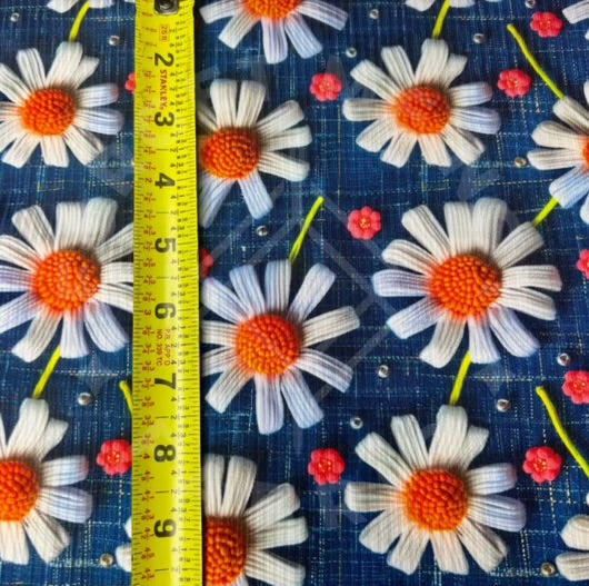 3D Neon Daisies on Denim Lightweight 4x2 Rib Knit Fabric