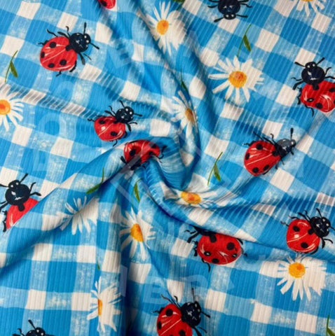 Lady Bugs & Daisies Gingham Lightweight 4x2 Rib Knit Fabric