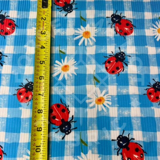 Lady Bugs & Daisies Gingham Lightweight 4x2 Rib Knit Fabric