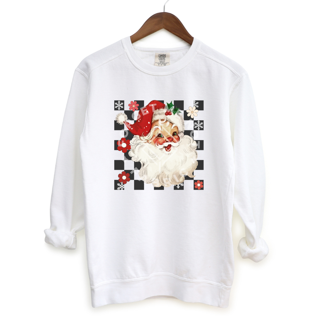 Santa Checkerboard, White Sweatshirt (Size Small), Graphic Shirts