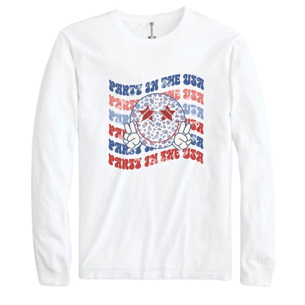 Party in the USA Smiley, White Longsleeve Shirt (Size XLarge), Graphic Shirts