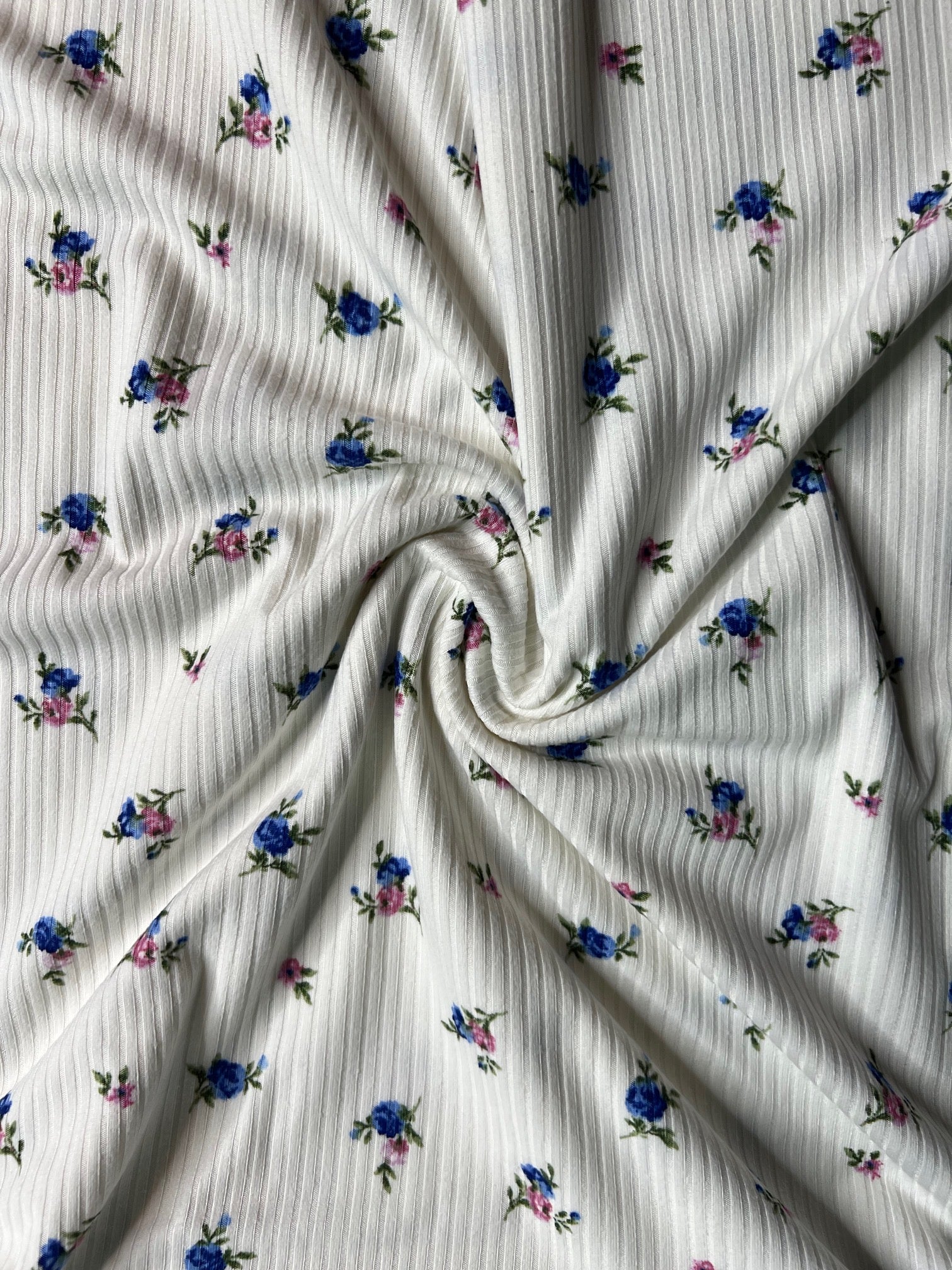 Ivory Blue Floral Rib Knit Fabric