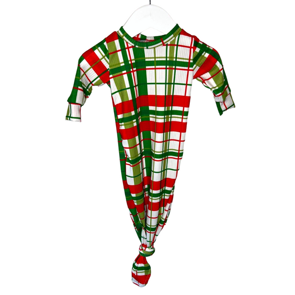 Christmas Plaid, Newborn Baby Knotted Gown (0-3 Months), Rib Knit Fabric, Gift Collection